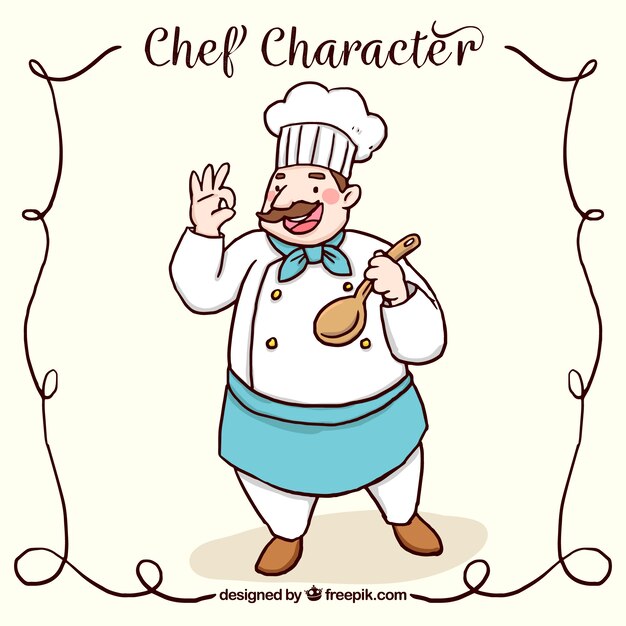 Happy chef character with wooden spoon