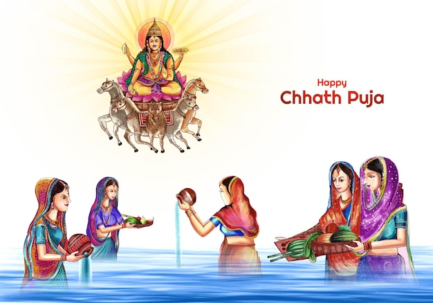 Felice chhath pooja sulla signora che offre al dio del sole nel tradizionale sfondo del festival