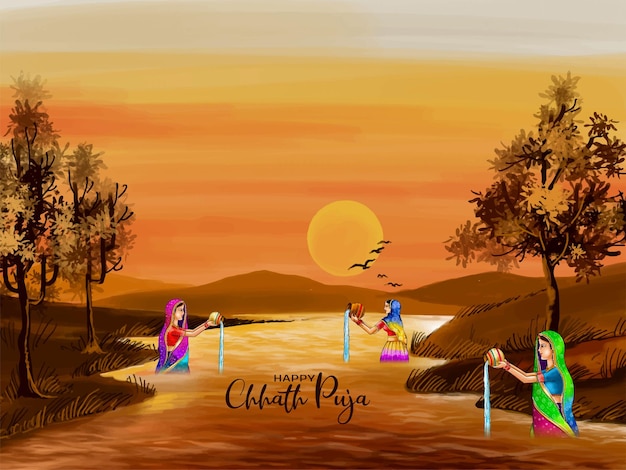 Happy chhath puja cultural indian religious festival background vector