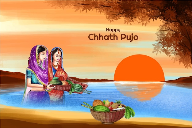 Free vector happy chhath puja holiday card for sun festival of india landscape design