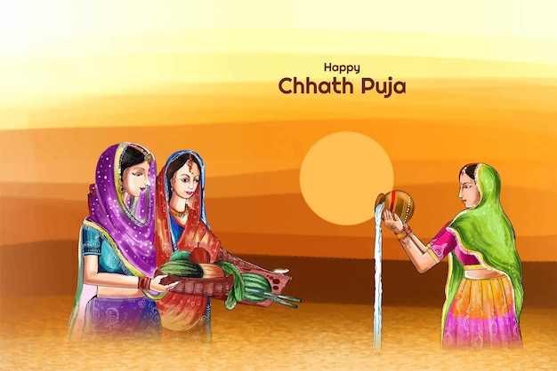 Free vector happy chhath puja holiday landscape background for sun festival of india