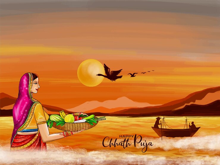मुफ़्त वेक्टर happy chhath puja indian festival celebration greeting card vector