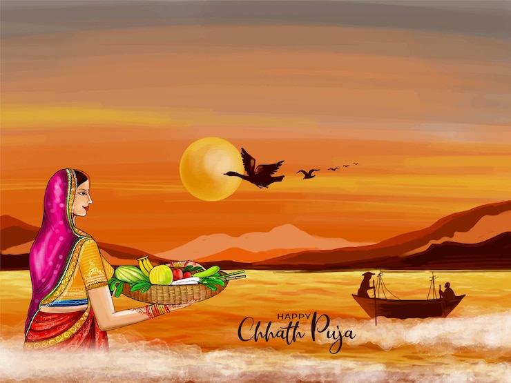 मुफ़्त वेक्टर happy chhath puja indian festival celebration greeting card vector