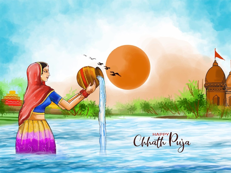 Free Vector happy chhath puja religious indian river bathing festival background vector