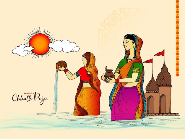 Happy Chhath Puja 太陽崇拝の宗教的な祭りの背景