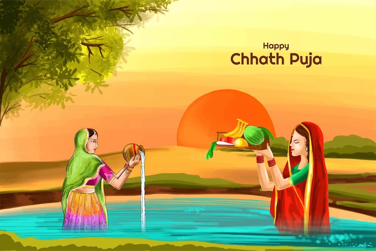 मुफ़्त वेक्टर हैप्पी छठ पूजा पारंपरिक भारतीय त्योहार कार्ड लैंडस्केप बैकग्राउंड