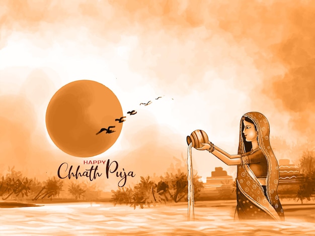 Vettore gratuito felice chhath puja tradizionale indiano festival cartolina di saluto vettore
