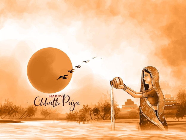 Happy Chhath puja traditional Indian festival greeting card vector