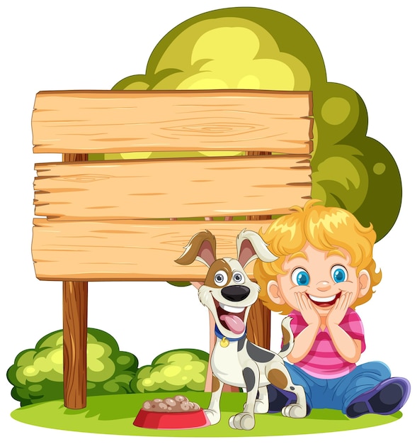 Happy child and dog by wooden sign