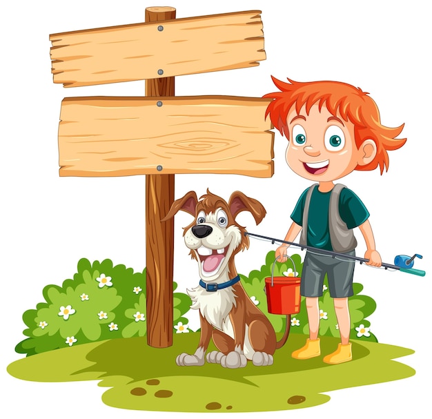 Happy child and dog by wooden sign