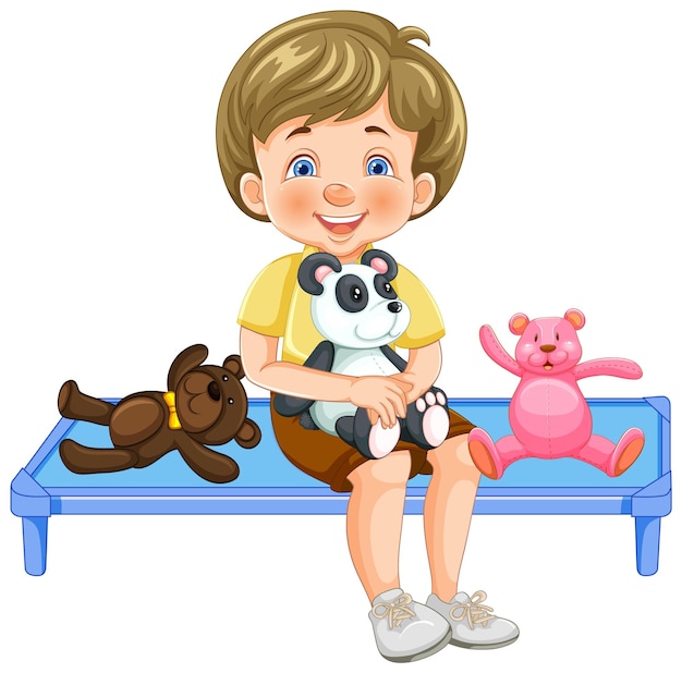 Счастливый ребенок с плюшевыми игрушками на скамейке
