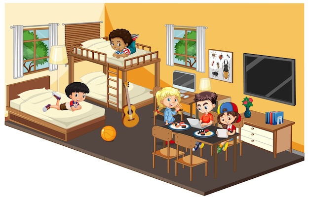 Free vector happy children in bedroom yellow theme