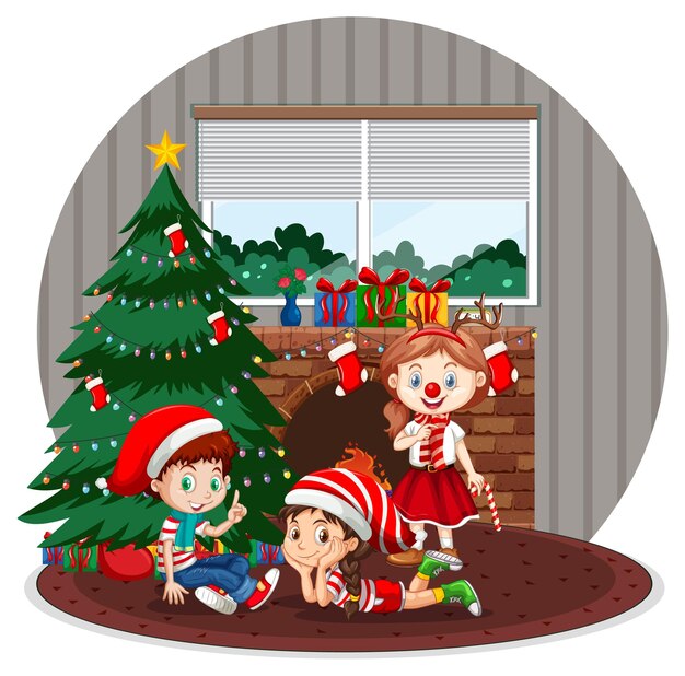 Счастливые дети празднуют Рождество дома