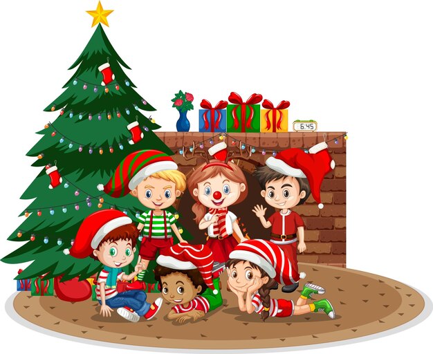 Happy children celebrating Christmas on white background