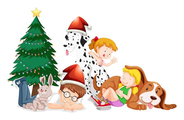 幸せな子供たちと白い背景の上のクリスマスツリー