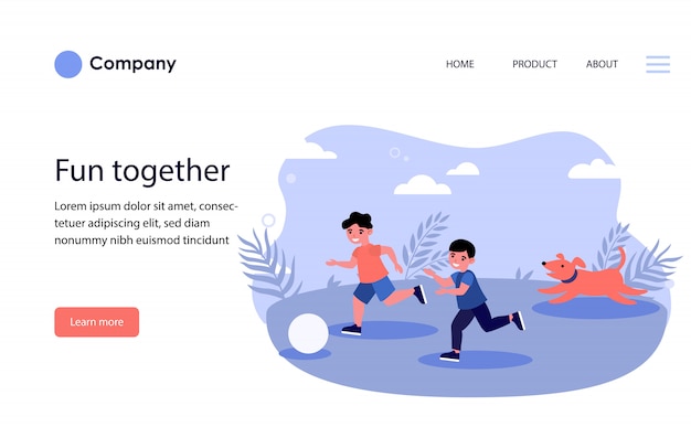 Happy children and dog playing ball outdoors. website template or landing page