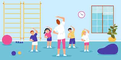 Бесплатное векторное изображение Счастливые дети делают физические упражнения с учителем в детском саду на плоской векторной иллюстрации
