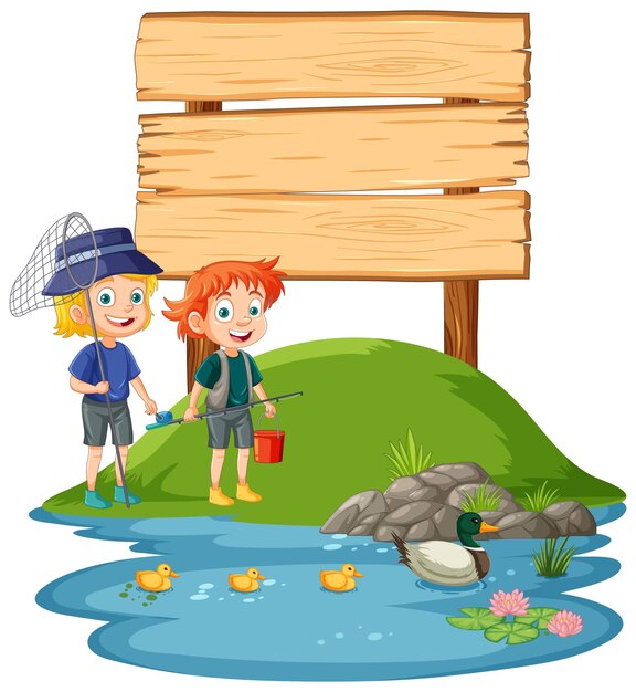 Happy children fishing by wooden sign