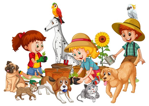 犬と一緒に植物をガーデニングする幸せな子供たち