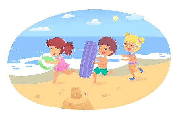 Happy children have fun running on sand beach funny kid character recreation Boy and girl with inflatable rubber toy ball mattress diving mask