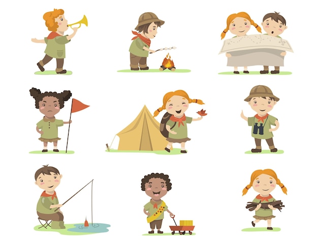 Бесплатное векторное изображение Счастливые дети в скаутских костюмах плоский набор для веб-дизайна.