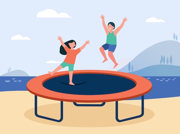 Happy children jumping on trampoline and smiling