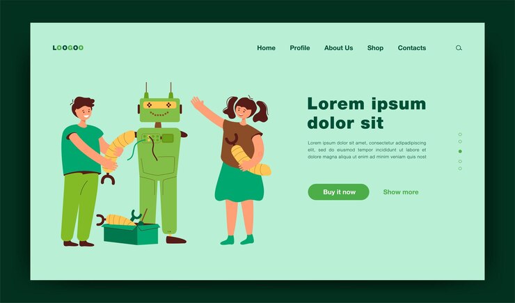 Free Vector happy children making robot for school project flat  illustration. cartoon students learning robotics with teacher. engineering technology and education concept landing page