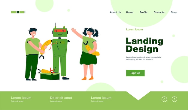 Free vector happy children making robot for school project landing page in flat style