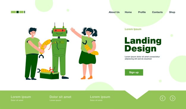 Happy children making robot for school project landing page in flat style