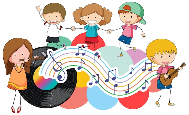 Free vector happy children and music notes rainbow colourful with vinyl reco