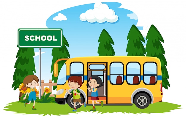 Бесплатное векторное изображение Счастливые дети на школьном автобусе в парке