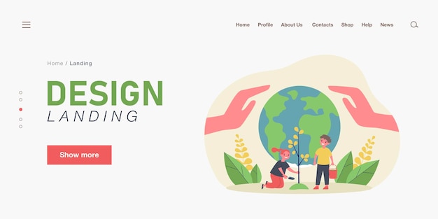 Happy children planting tree together in front of globe. giant hands protecting earth flat vector illustration. ecology, reforestation, environment concept for banner, website design or landing page