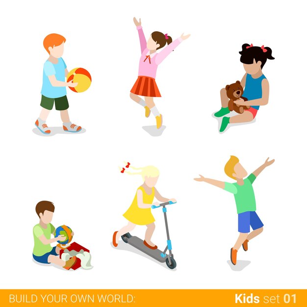 Happy children at play parenting  web infographic concept  icon set.