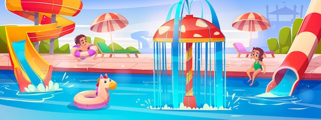 Bambini felici che giocano nel parco acquatico illustrazione del fumetto vettoriale del ragazzino e della ragazza vicino alla piscina acquascivoli a spirale anello di unicorno gonfiabile ombrello colorato chaise longue riposo estivo