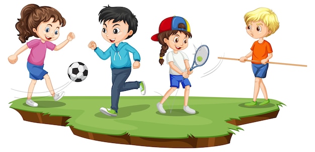 Vettore gratuito bambini felici che giocano a diversi sport