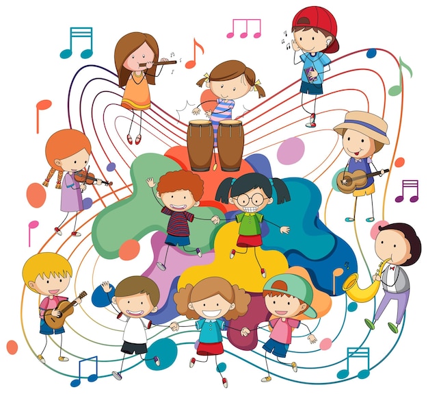 Vettore gratuito bambini felici che suonano strumenti musicali con note musicali su w