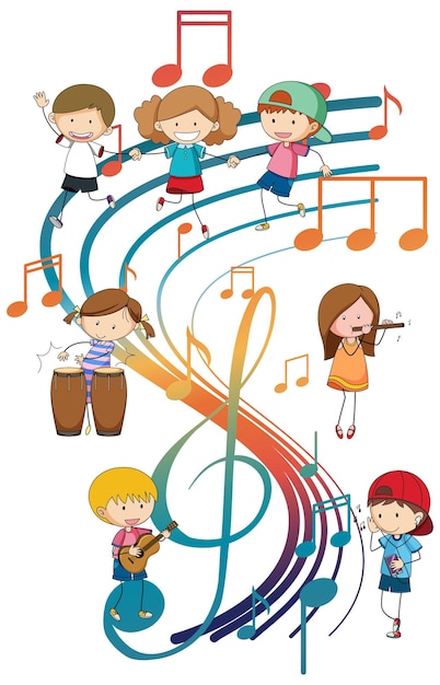 Vettore gratuito bambini felici che suonano strumenti musicali con note musicali su w