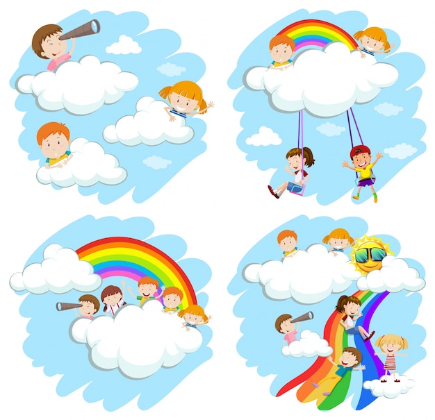 Счастливые дети, играющие на радуге иллюстрации