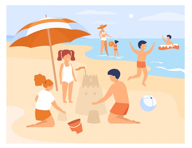 Free vector happy children playing on sea shore sand beach