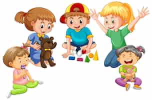 Бесплатное векторное изображение Счастливые дети играют в игрушки на белом фоне