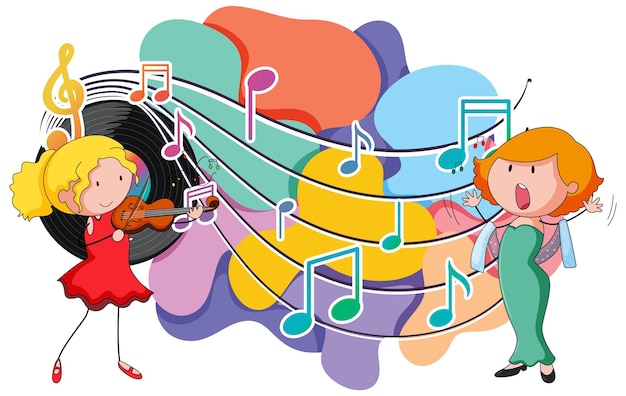 Free vector happy children playing violin and sing with music notes on white