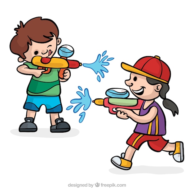 Happy children playing with water guns