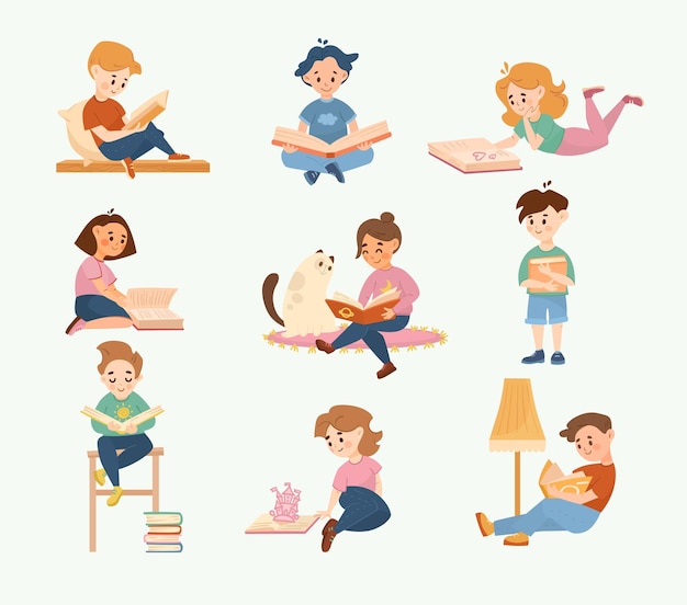 Happy children reading book cartoon illustration set. Smart girls and boys lying, sitting, studying at home with funny cat. Education, leisure, hobby, library concept