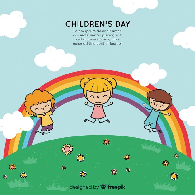 子供と虹と一緒に手描きのスタイルで幸せな子供の日の背景