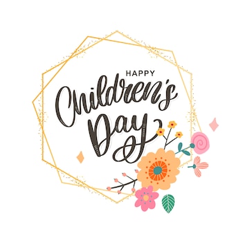 Happy children's day, cute  greeting card with funny letters in scandinavian style and cartoon landscape