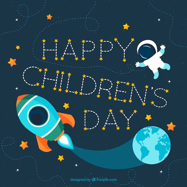 Счастливых детский день с космонавтом и ракеты