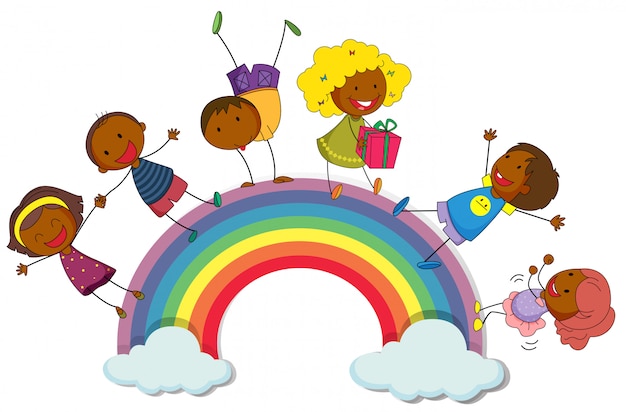 虹の上に立つ幸せな子供たち