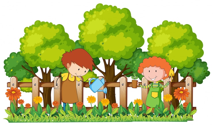 無料Vector 庭の植物を水で育てる子供たち