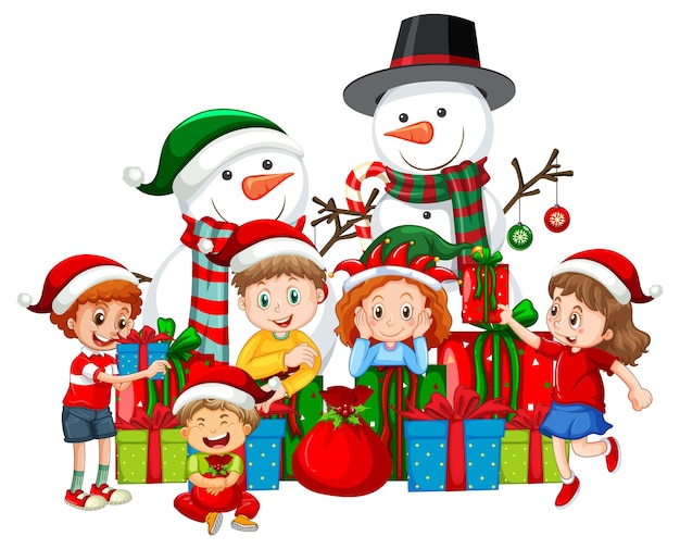 Vettore gratuito bambini felici con tanti regali e due pupazzi di neve