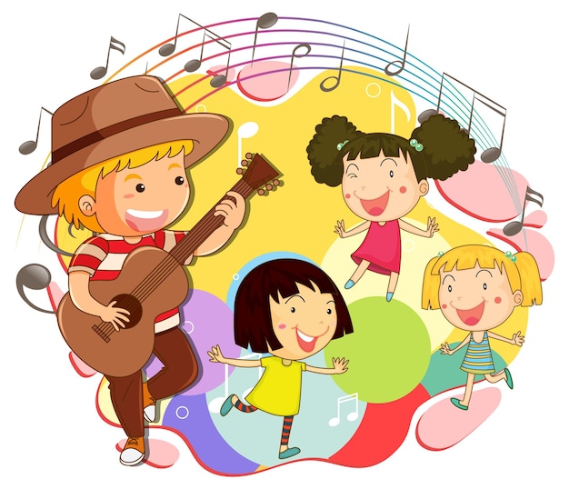 Bambini felici con simboli di melodia musicale